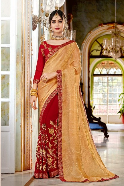 Red,beige Georgette and jacquard saree