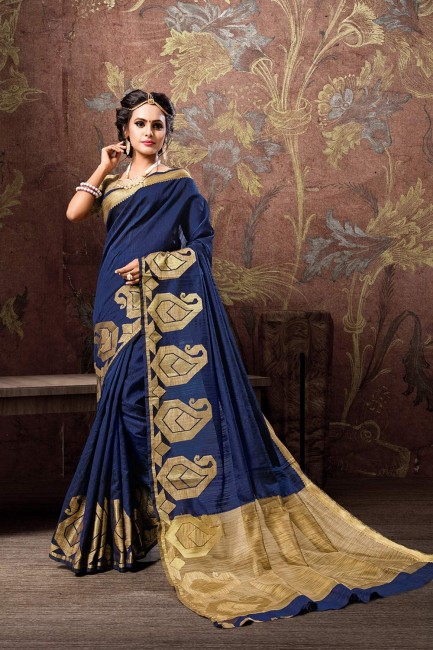 Snazzy Navy blue Cotton and silk saree