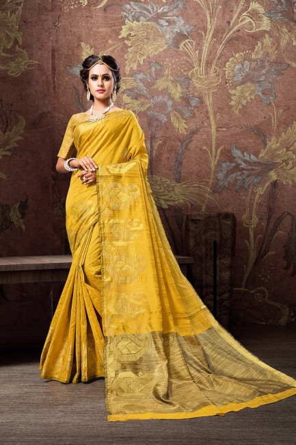 Yellow Cotton and silk  saree
