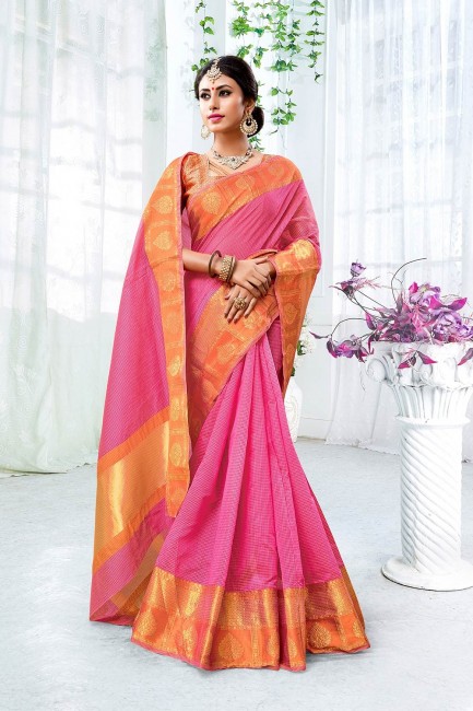 Attractive Dark pink Cotton and silk saree