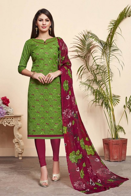 Green Cotton,jacquard and silk Churidar Suits
