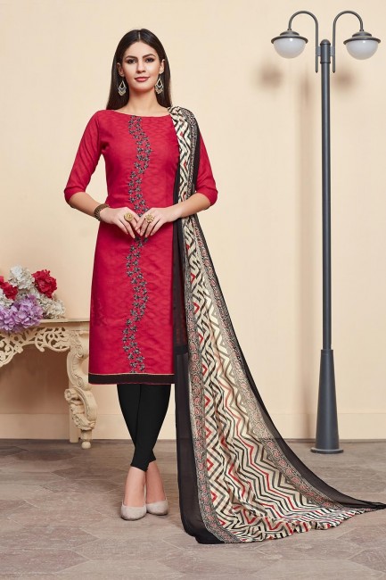 Red Cotton,jacquard and silk Churidar Suits