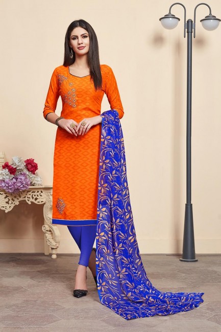 Orange Cotton,jacquard and silk Churidar Suits