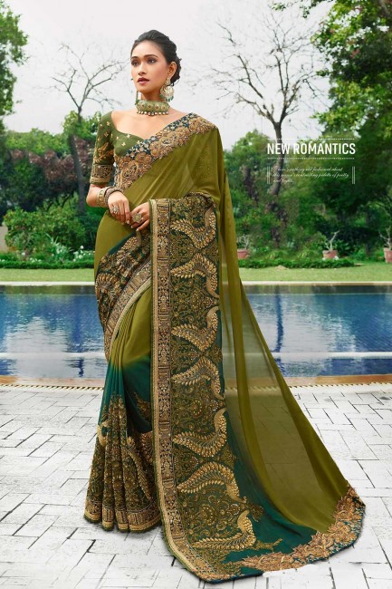 Olive green & peacock blue  Georgette  saree