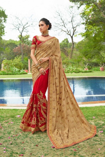 Red,beige Net and silk saree