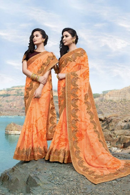 Impressive Orange Georgette and silk saree