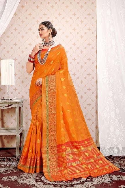 Enticing Orange Cotton and silk saree