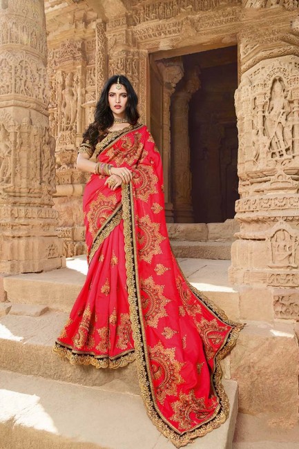 Traditional Crimson red Georgette and silk saree