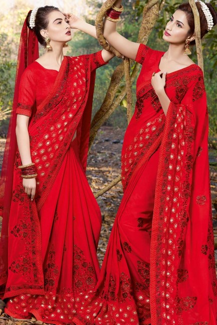 Red Satin saree