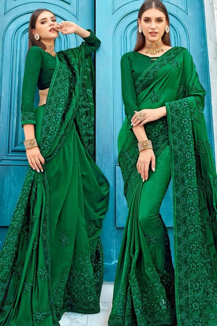 Voguish Dark green Satin and silk saree