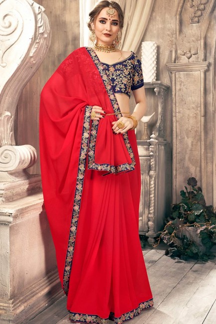 Designer Red Chiffon saree