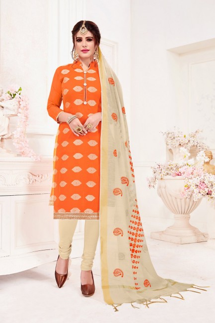 Orange Jacquard and silk Churidar Suits