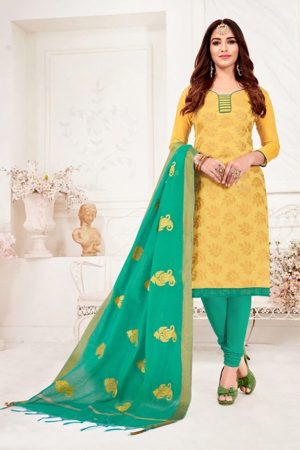 Musturd yellow Jacquard and silk Churidar Suits
