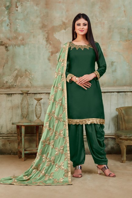 Dark green Satin Patiala Suits
