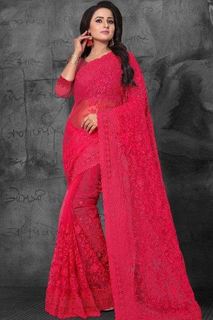 Appealing Dark pink Net saree