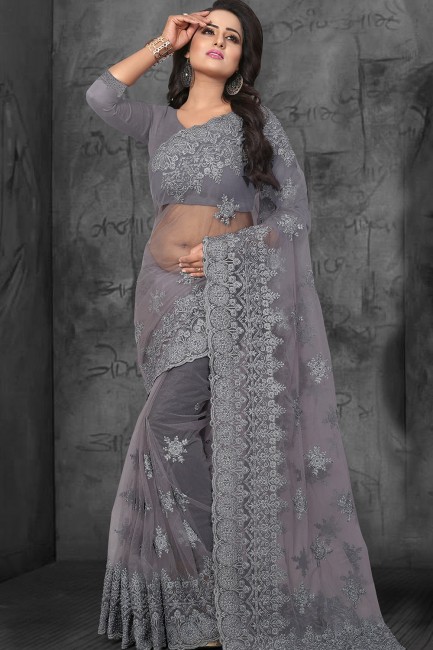 Ravishing Grey Net saree