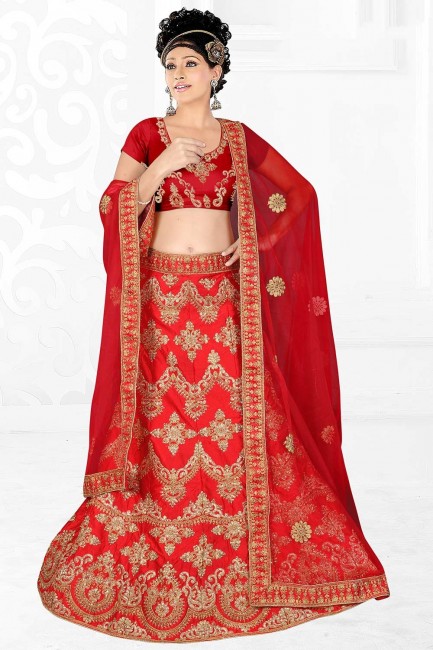 Impressive Red Satin and silk Lehenga Choli