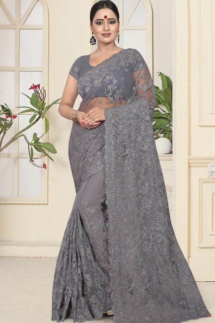 Trendy Grey Net saree