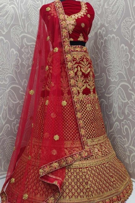 Classy Velvet Lehenga Choli in Red