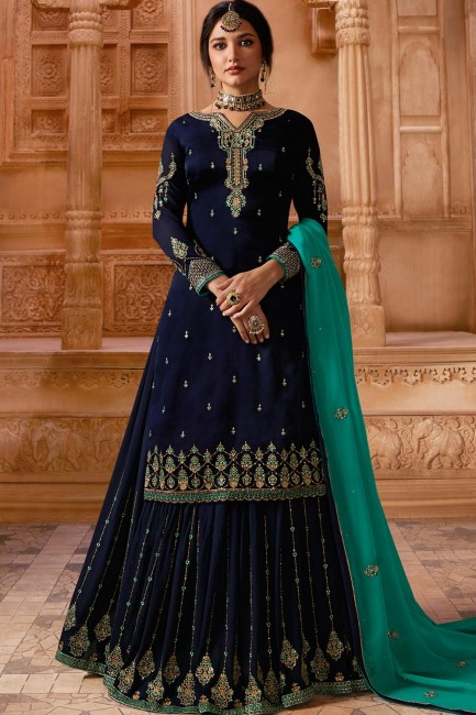 Navy blue Satin georgette Sharara Suits