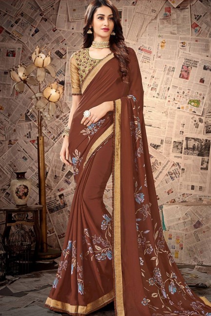 Traditional Brown Georgette and satin saree