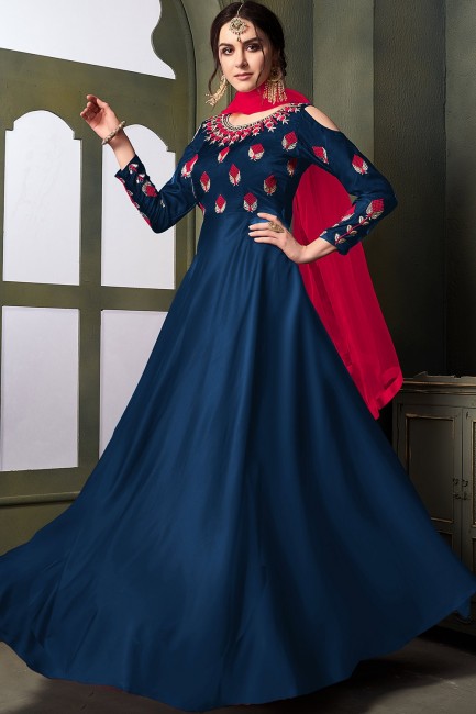 Blue Satin and silk Anarkali Suits
