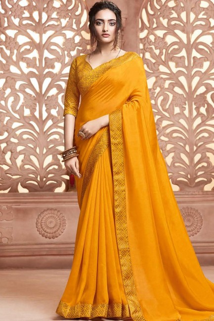 Traditional Yellow Satin and silk saree