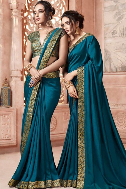 Fashionable Blue Satin and silk saree