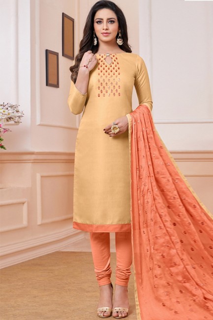 Yellow Linen and satin Churidar Suits