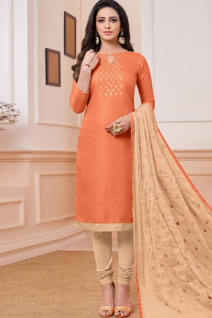 Orange Linen and satin Churidar Suits