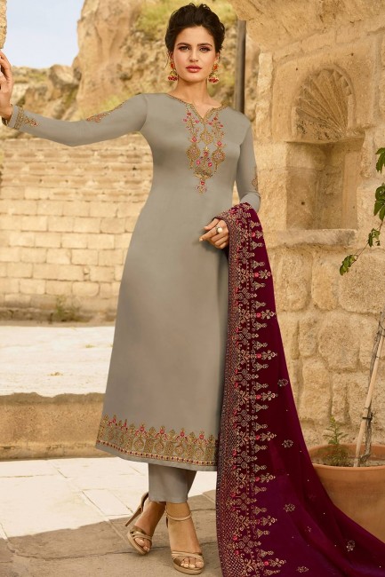 Grey Georgette and satin Straight Pant Suit
