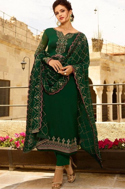 Dark green Georgette and satin Straight Pant Suit