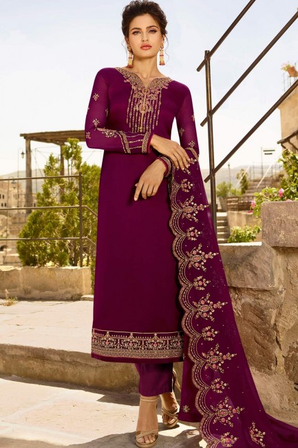 Purple Georgette and satin Straight Pant Suit