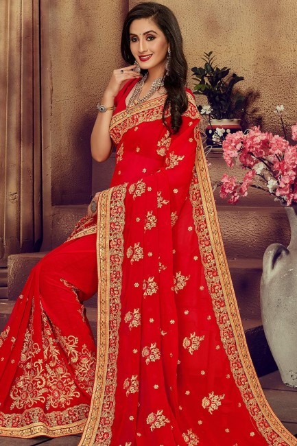 Ravishing Red Georgette saree