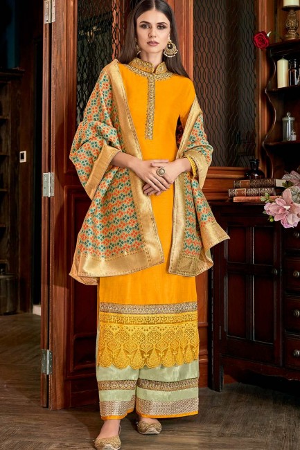 Mustard yellow Art silk Sharara Suits