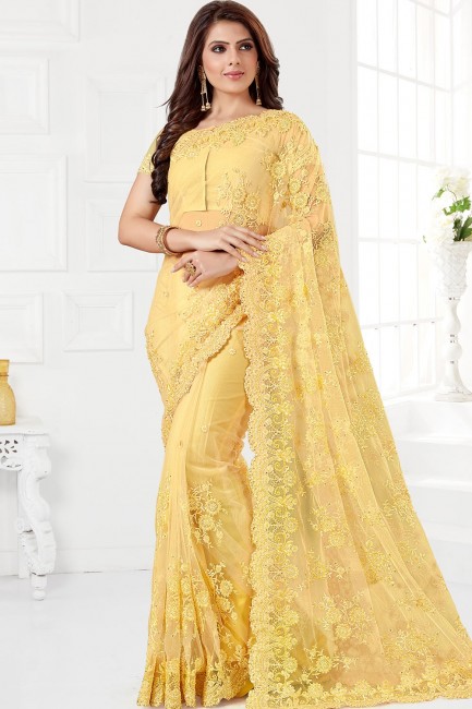 Glorious Yellow Net saree