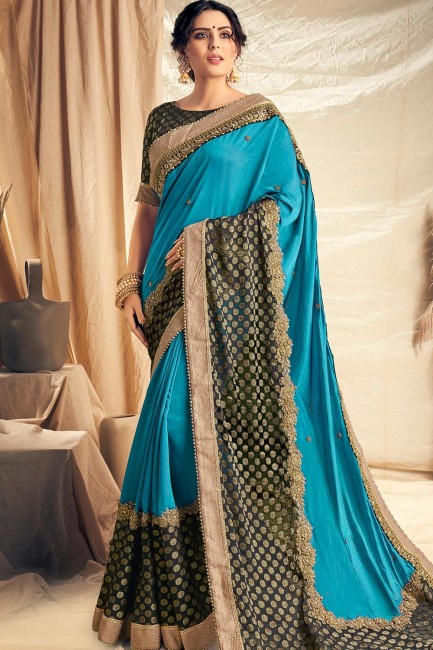 Trendy Blue Satin and silk saree