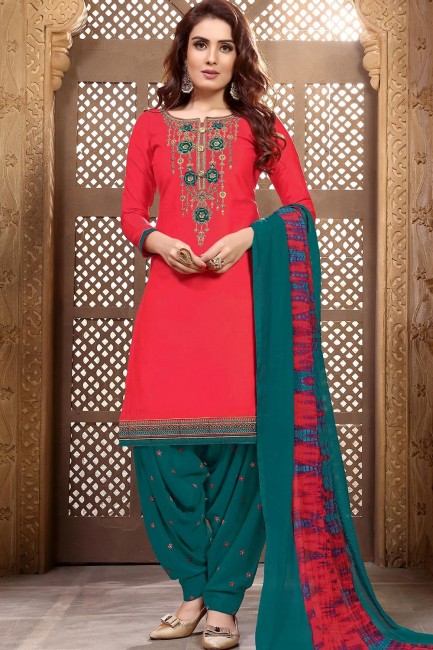 Red Cotton and satin Patiala Suits