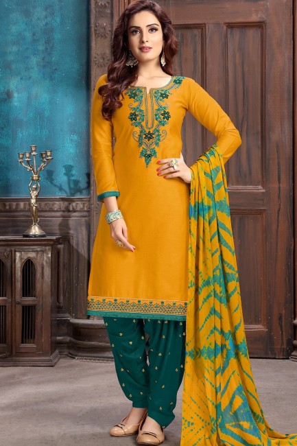 Mustard yellow Cotton and satin Patiala Suits