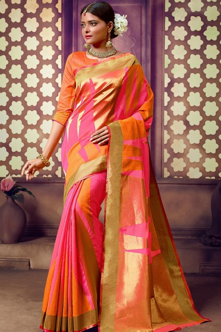 Rani pink orange Art silk saree