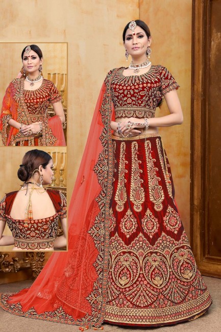 Fashionable Velvet Lehenga Choli in Red