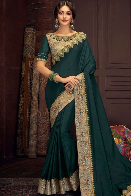 Excellent Pine green Satin and silk saree