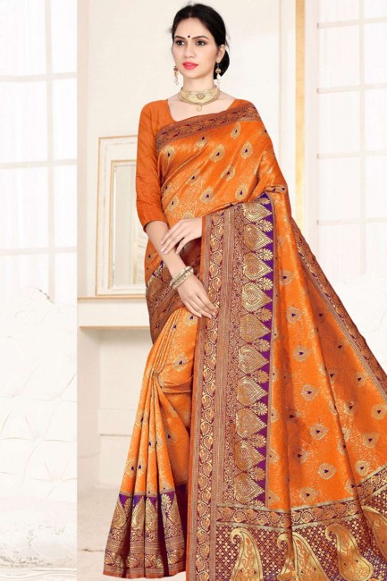 Fashionable Orange Art silk saree