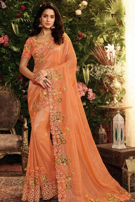 Orange Net and tissue  saree