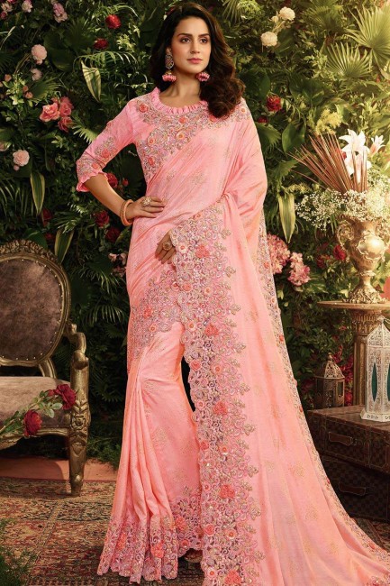 Pink Net and art silk  saree