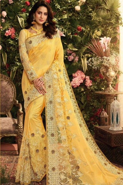 Yellow Net and art silk  saree