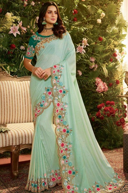 Turquoise blue Net and art silk  saree