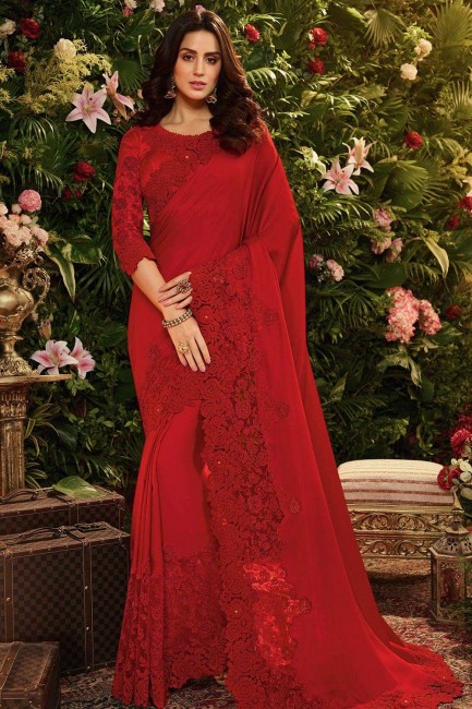 Red Net,satin and silk  saree