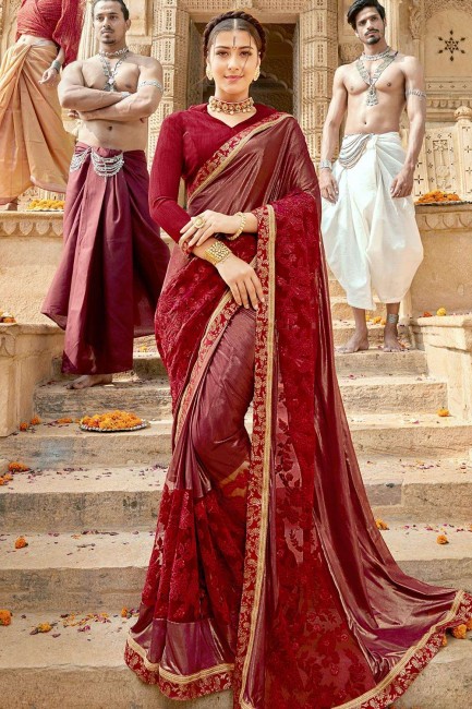 Luring Maroon Net and lycra saree