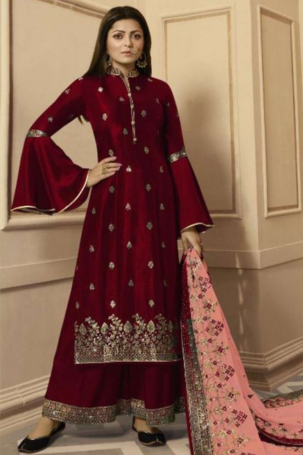 Maroon Georgette and satin Sharara Suits